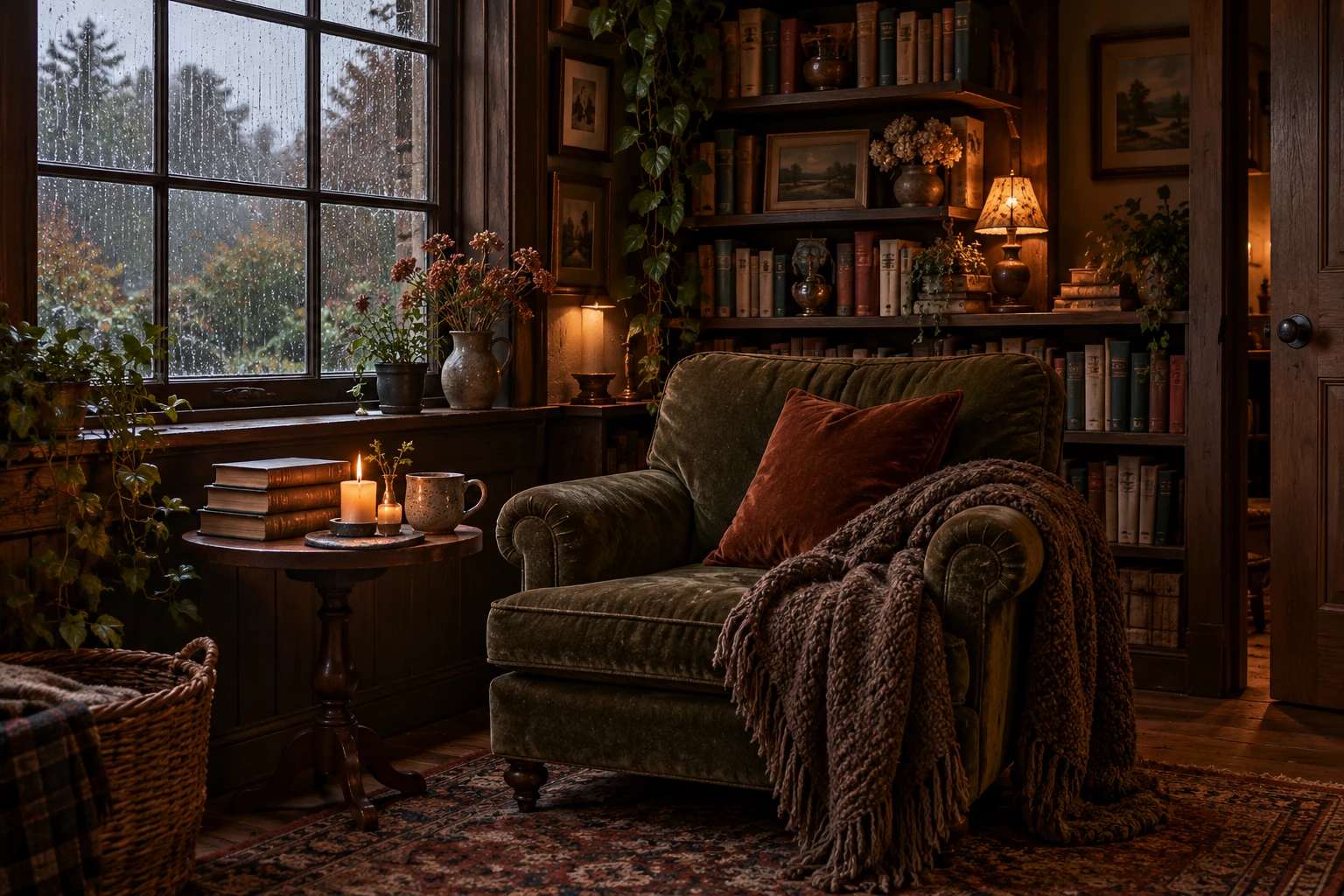A moss-green armchair surrounded by books, a warm lamp, and candlelight beside a rain-streaked window in a dark cottage-style room.