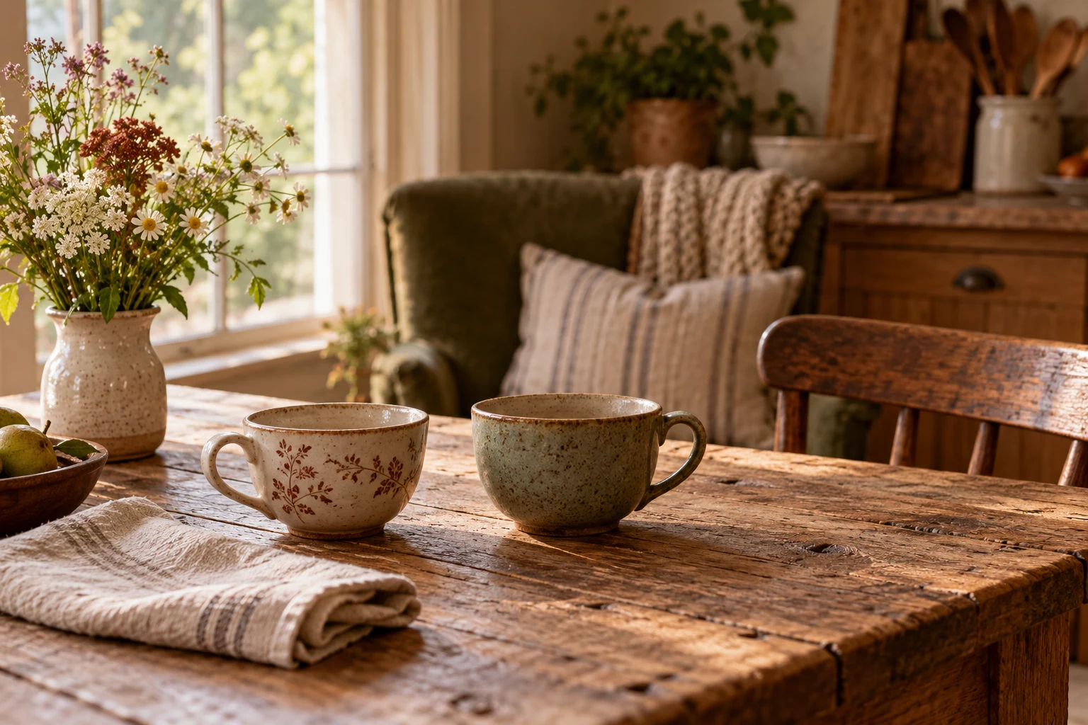 Two ceramic cups and a small vase of wildflowers on a quiet kitchen table.