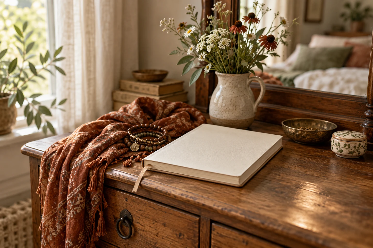 A boho scarf, bracelets, and journal beside a vase of wildflowers.