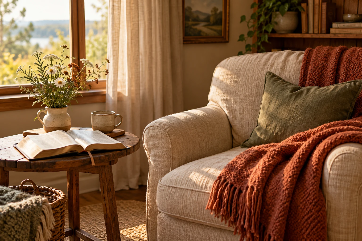 A rust throw on a comfortable chair beside an open Bible and a warm drink.