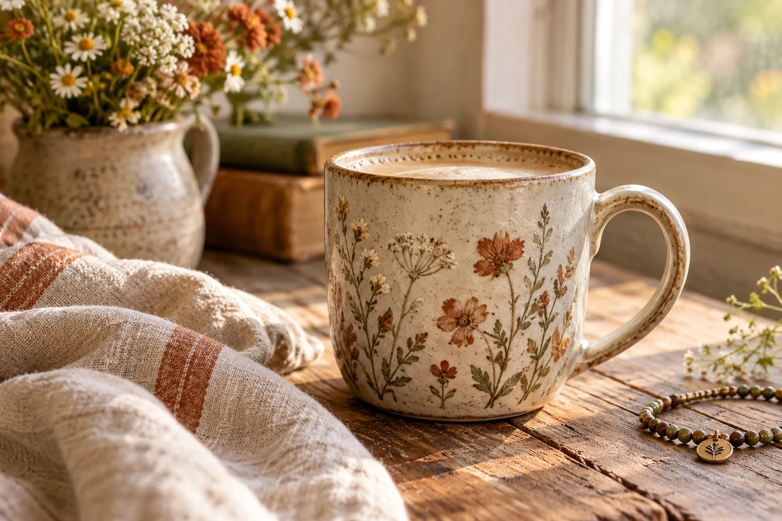 A handmade wildflower mug beside a bracelet and linen.