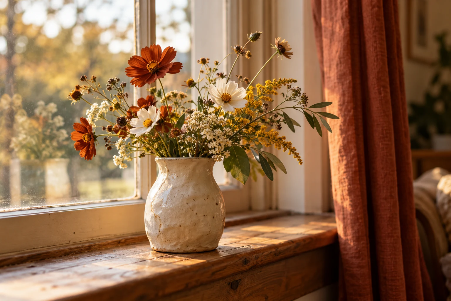 Different wildflowers leaning naturally in a handmade ceramic vase on a warm windowsill.