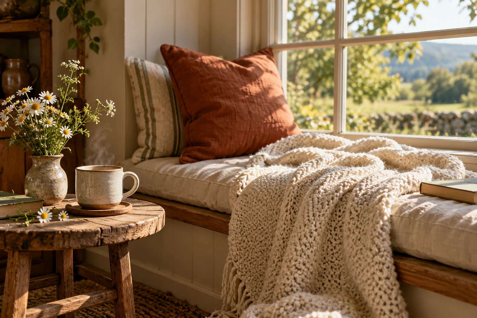 A cozy window seat with a soft blanket and rust cushion.