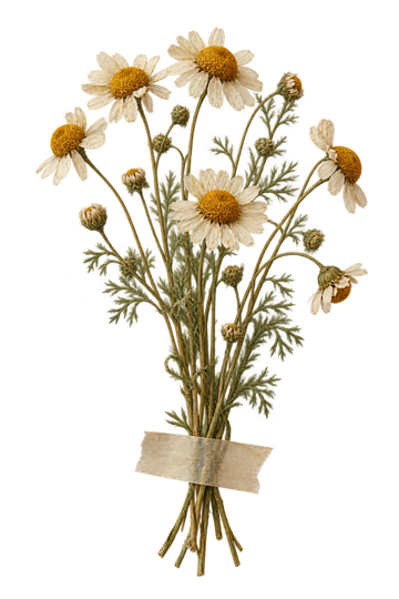 A little bunch of dried chamomile taped to the page