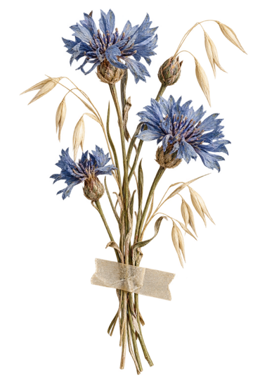 A little bunch of dried cornflower taped to the page