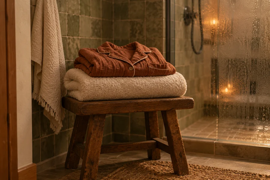 Soft pajamas and a towel waiting beside a warm shower.