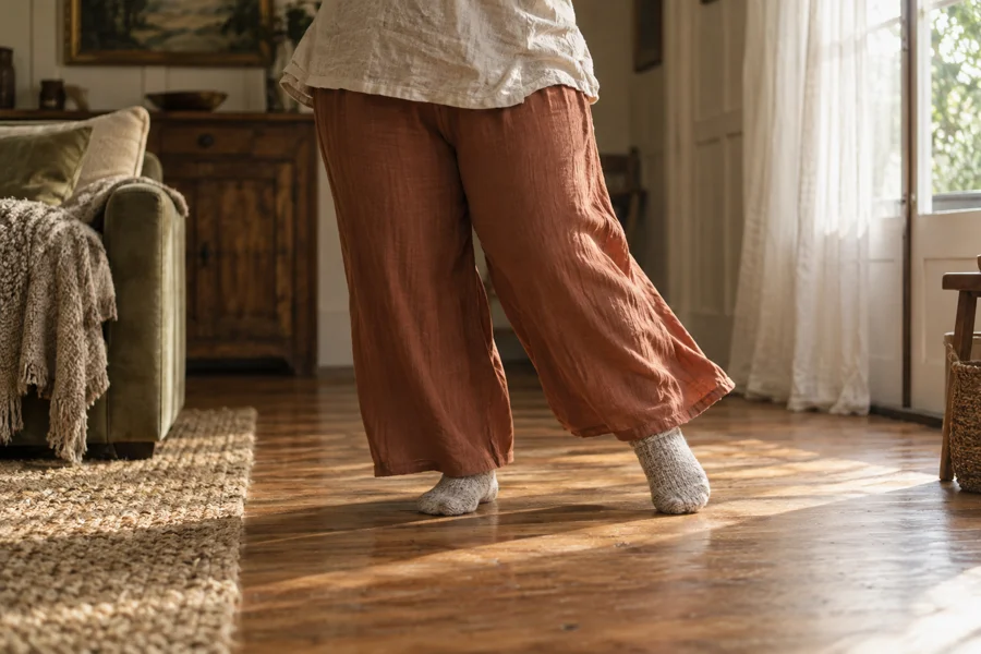Comfortable socked feet taking a gentle dance step.