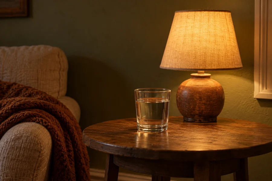A glass of water beside a softly glowing lamp.