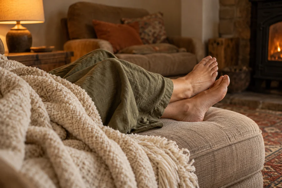 Relaxed feet resting on a soft ottoman beneath a cozy throw.