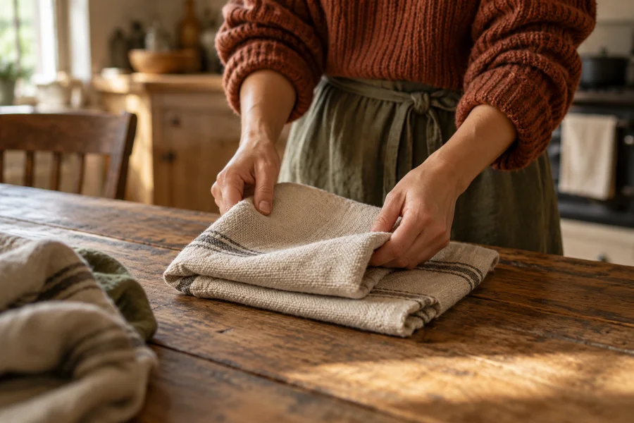 Hands slowly folding a linen towel on a wooden table.