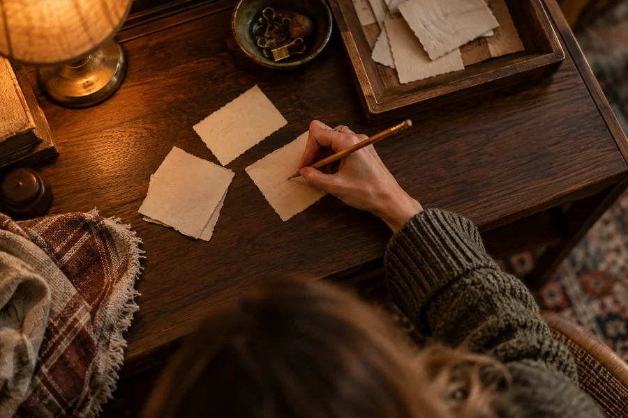 A hand putting thoughts onto small pieces of paper.