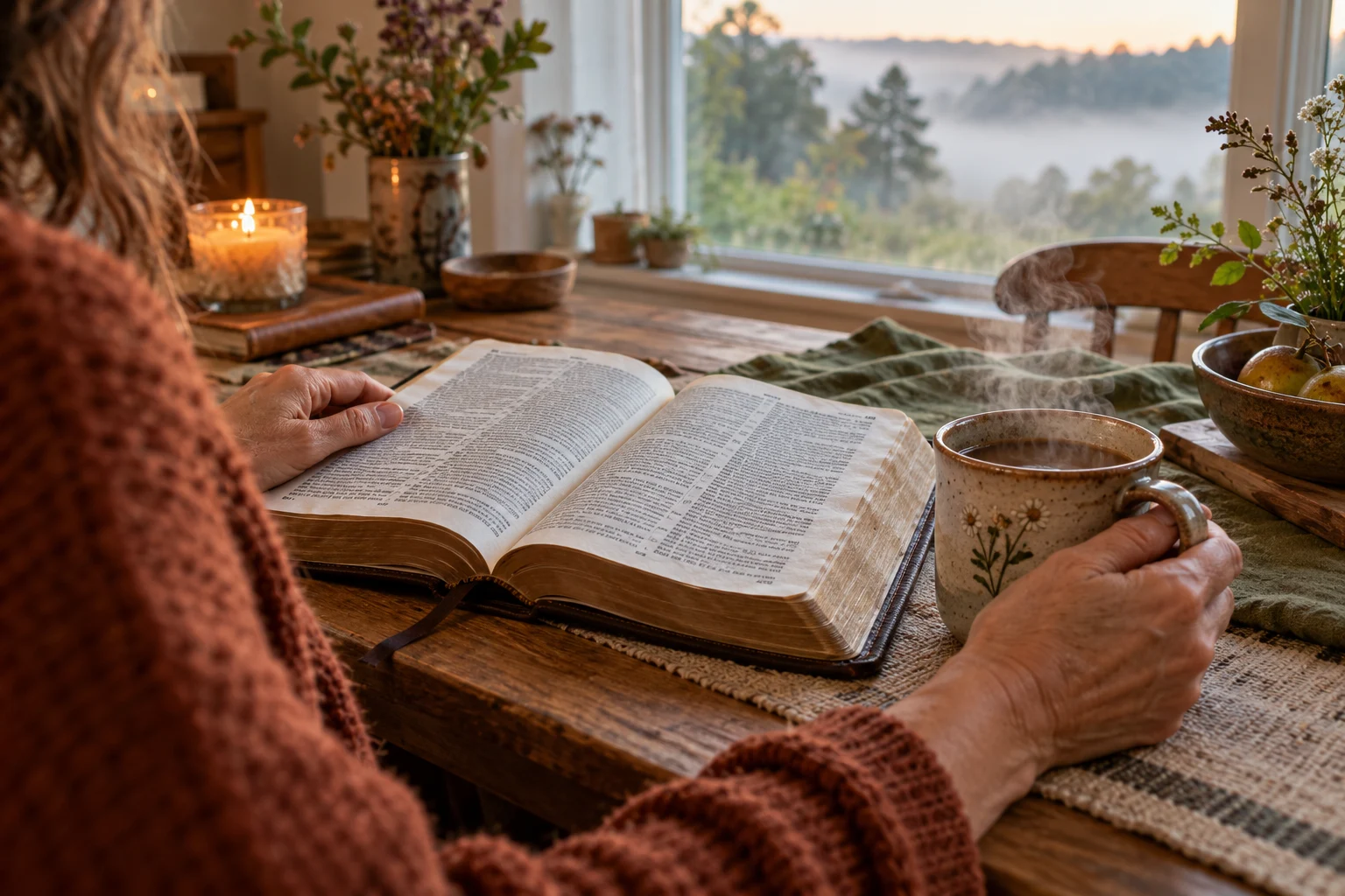 Early morning Bible reading with a warm ceramic cup of coffee in soft dawn light.