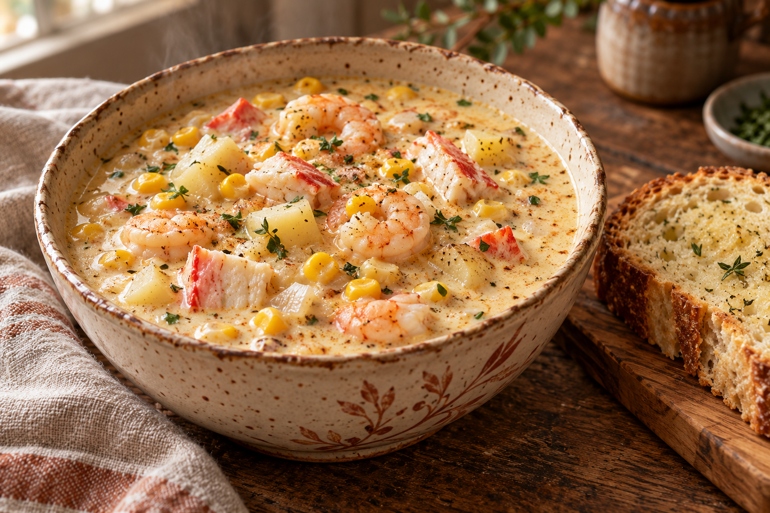 Creamy seafood chowder with corn, shrimp, imitation crab, potatoes, and fresh herbs in a speckled ceramic bowl, with homemade bread beside it.