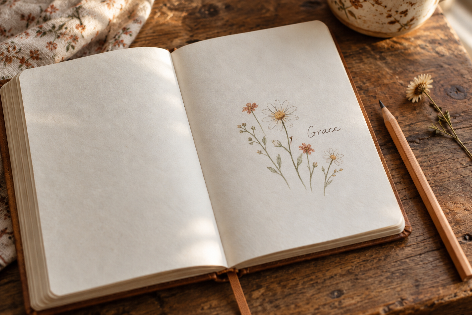 An open journal with small hand-drawn wildflowers and the handwritten word Grace on a warm wooden table.
